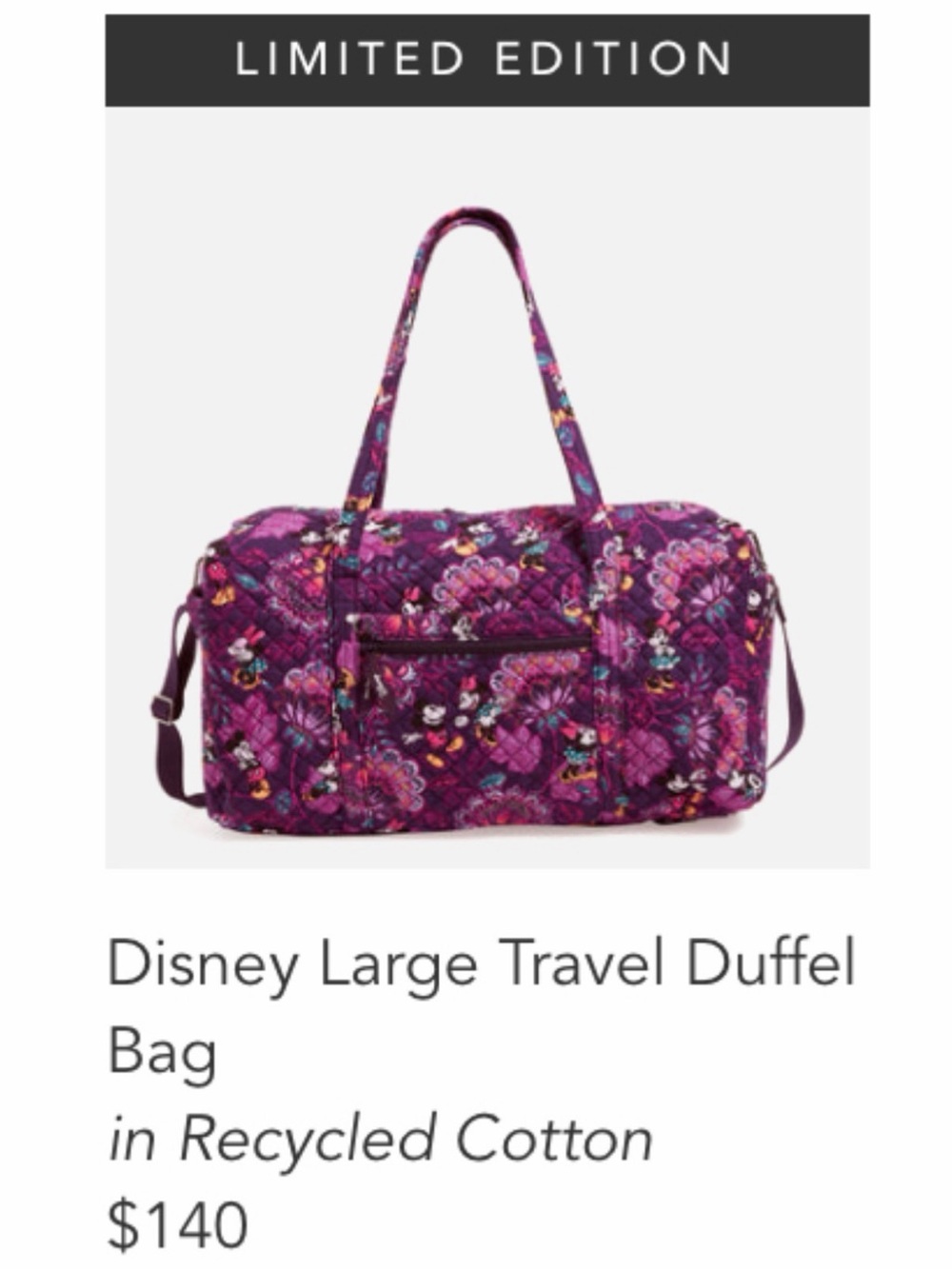Disney Vera Bradley Mickey & Minnie’s Flirty Floral Large Travel Duffel Bag - Picture 14 of 14